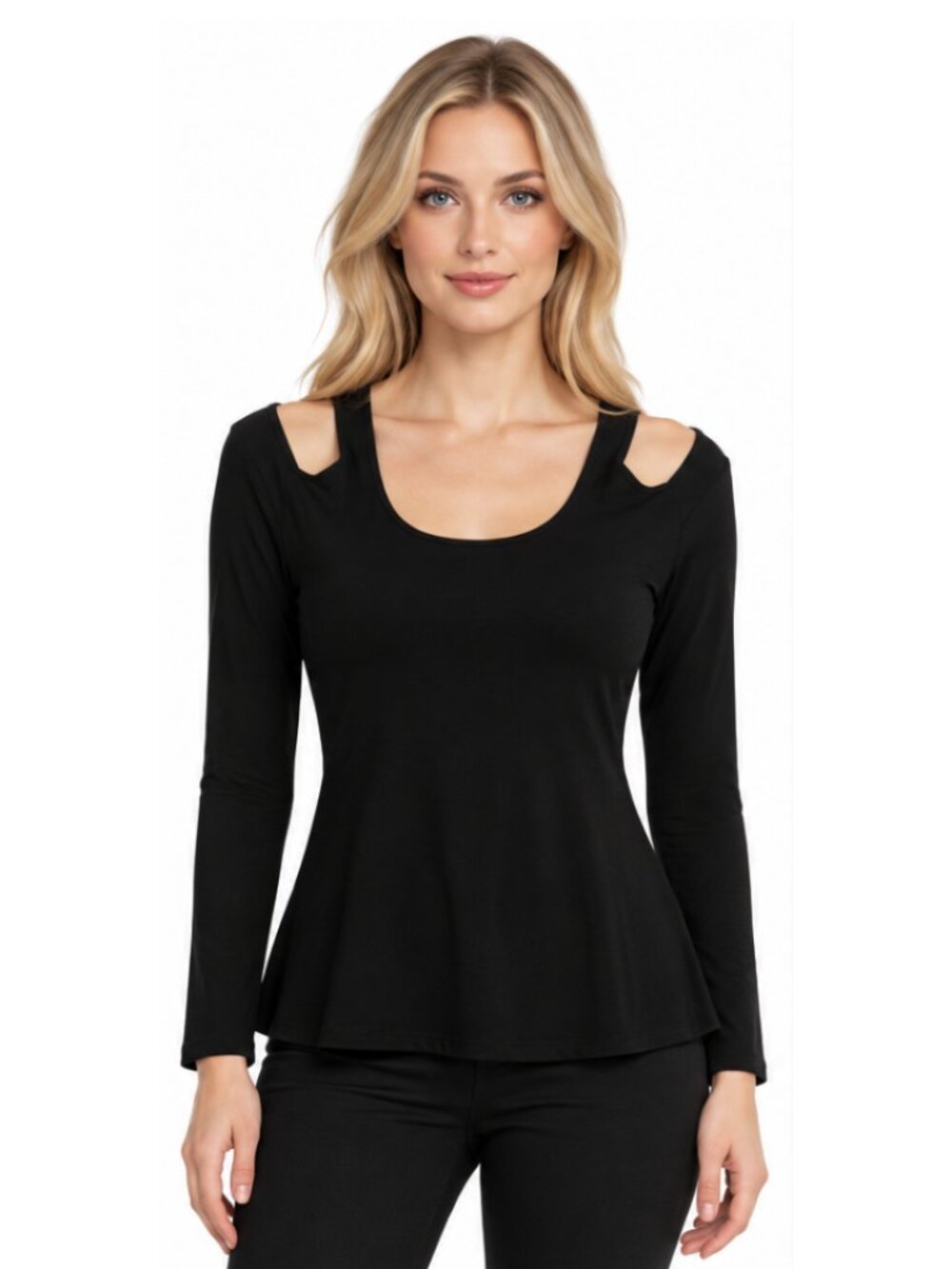 GUESS Los Angeles Women’s Black Cold Shoulder Long Sleeve Top Size S 92% Polyest